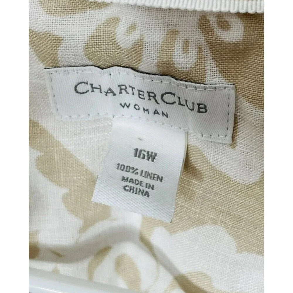 Charter Club 100% Linen Button Up Women Sz 16W Shirt White Tan Floral Woven - Picture 4 of 7